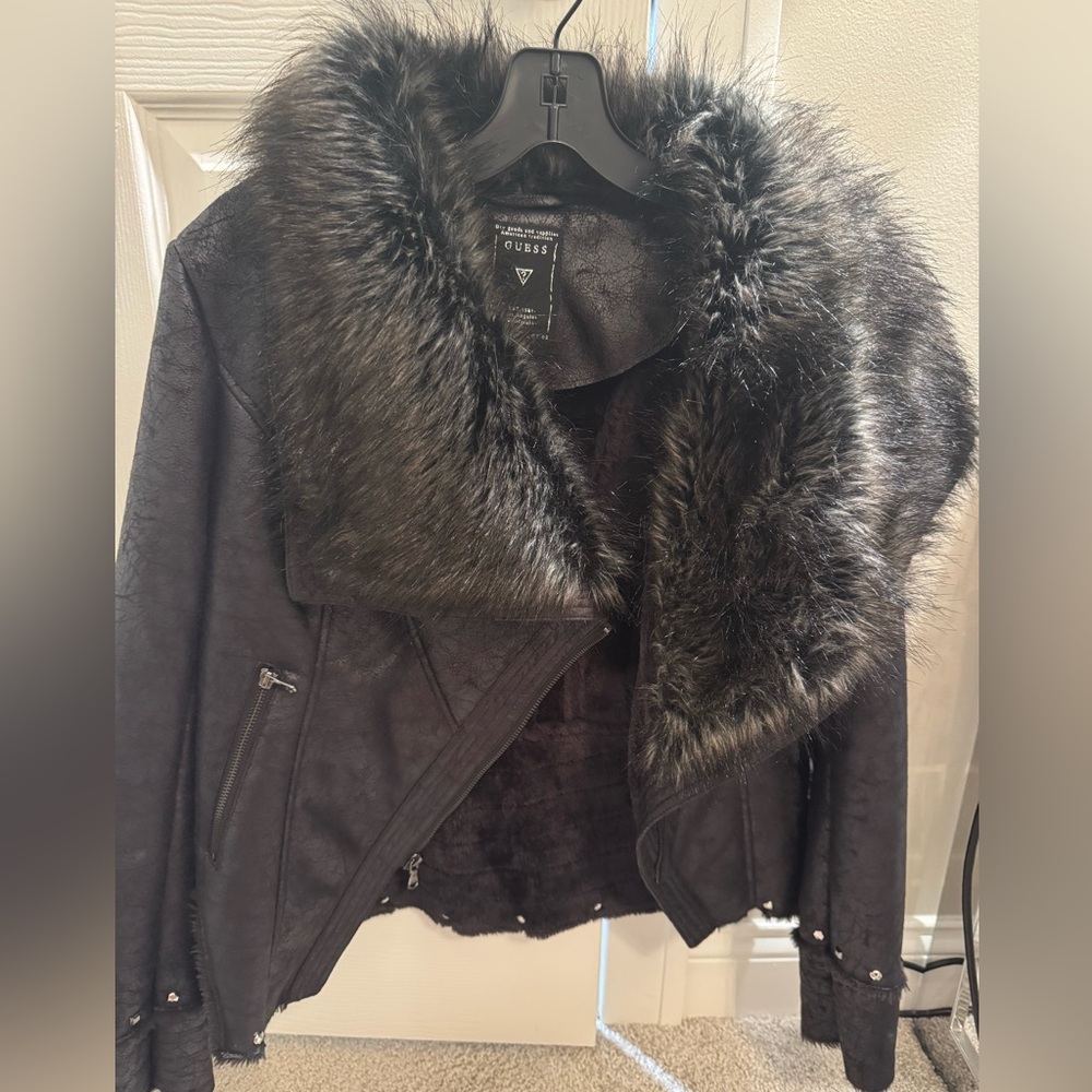 GUESS Black Faux Fur Collar Jacket
